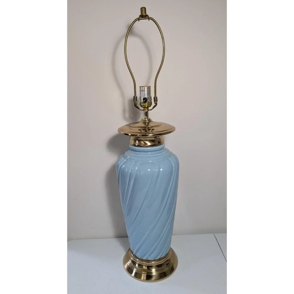 Vintage Blue Spiral Swirl Ribbed Large Table Lamp Brass Tone 30 inch - Working